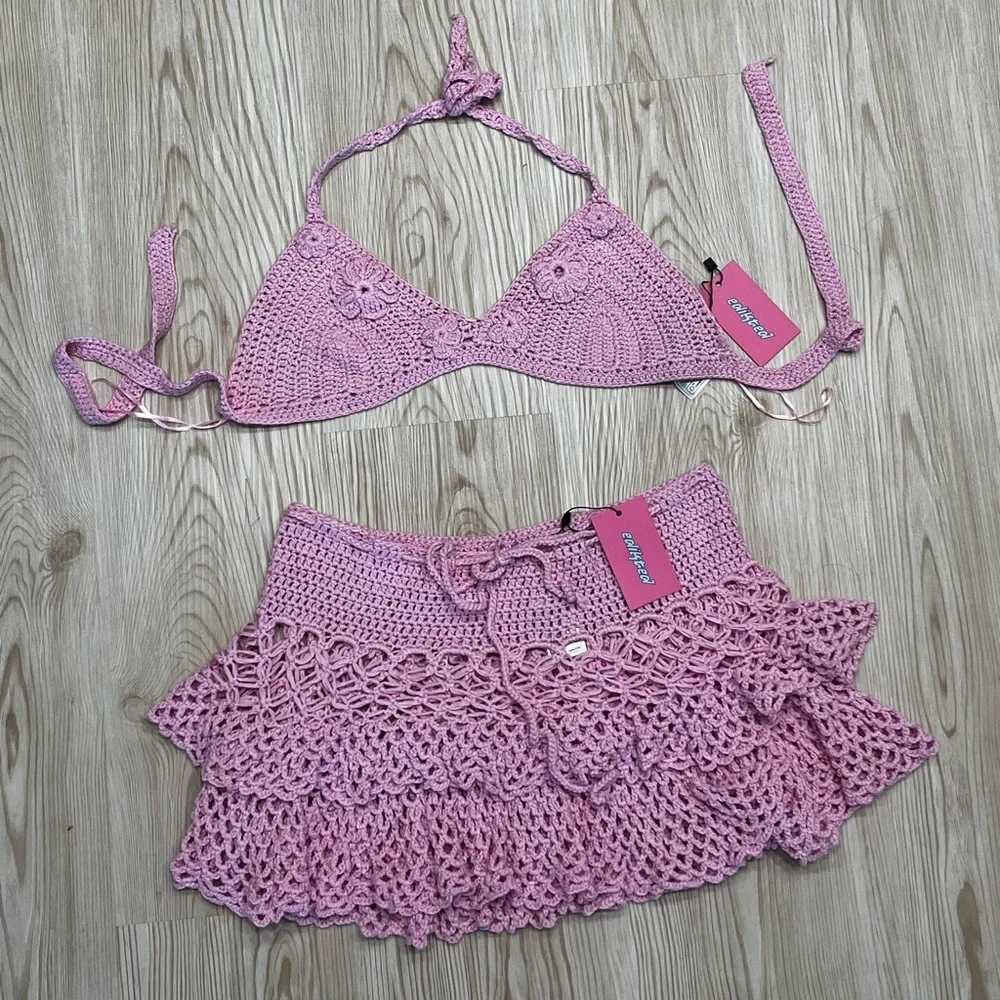 Edikted Pink Crochet Bikini Top and Tiered Coverup Set